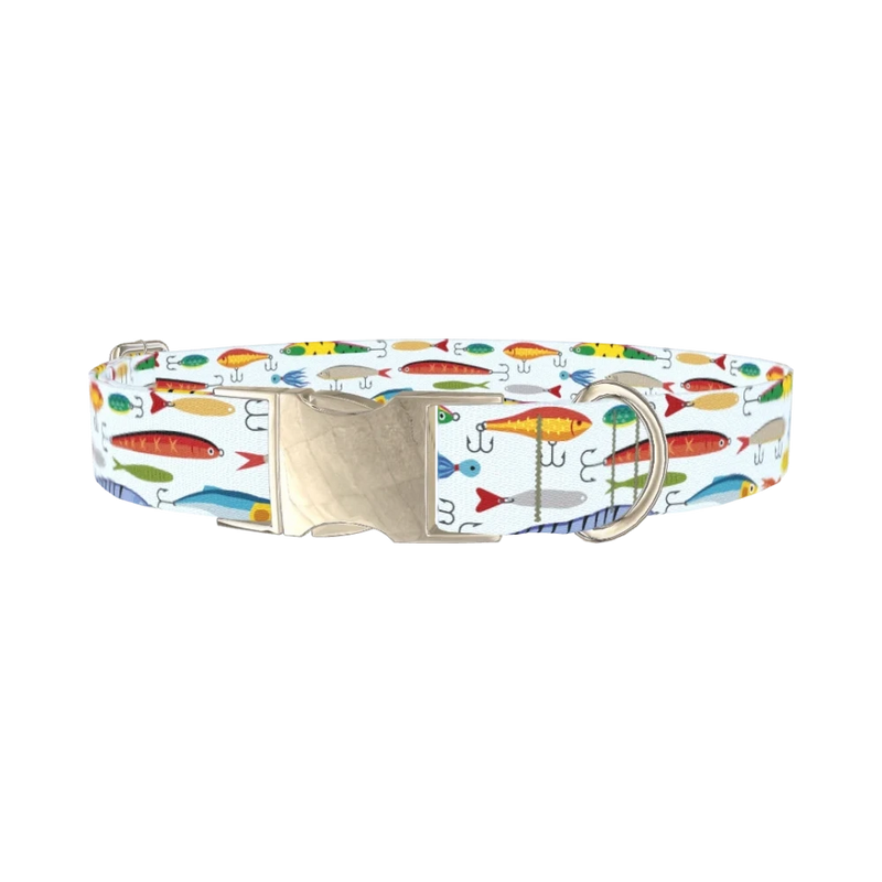 Colorful Lure Pattern Dog Collar - metal silver