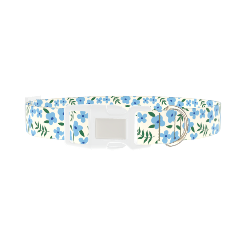 Blue Floral Leaves Dog Collar - plastic silver