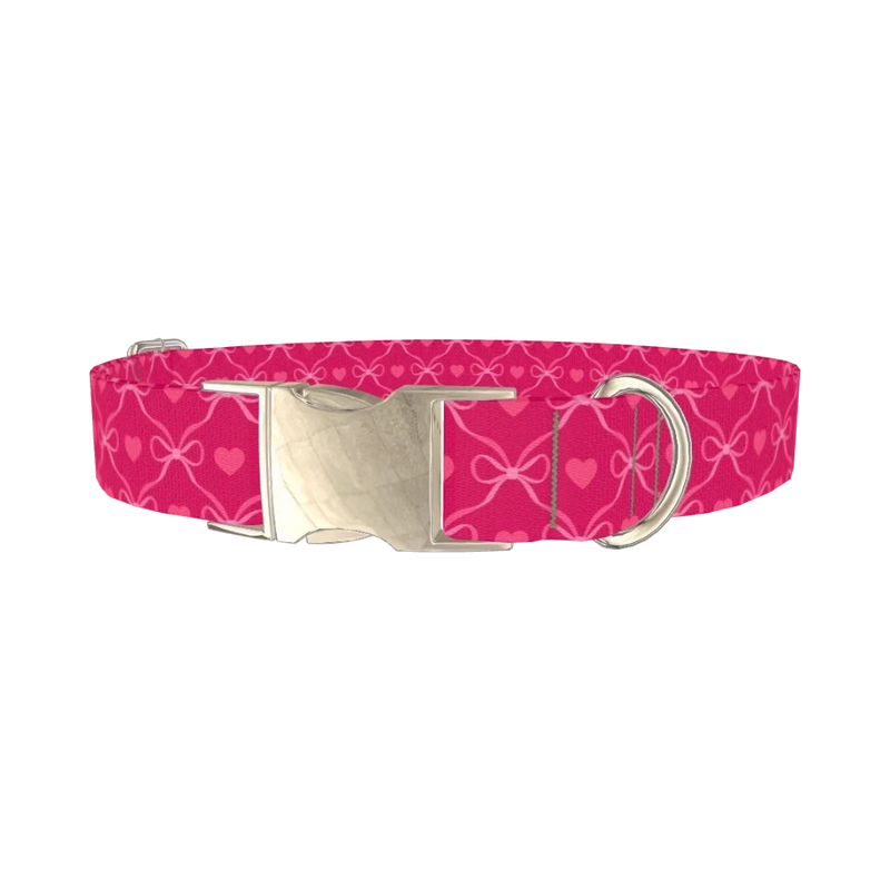 Pink Ribbon Heart Dog Collar - metal silver
