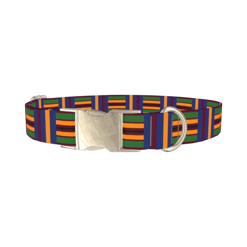 Azure Brown Green Stripe Dog Collar - metal silver