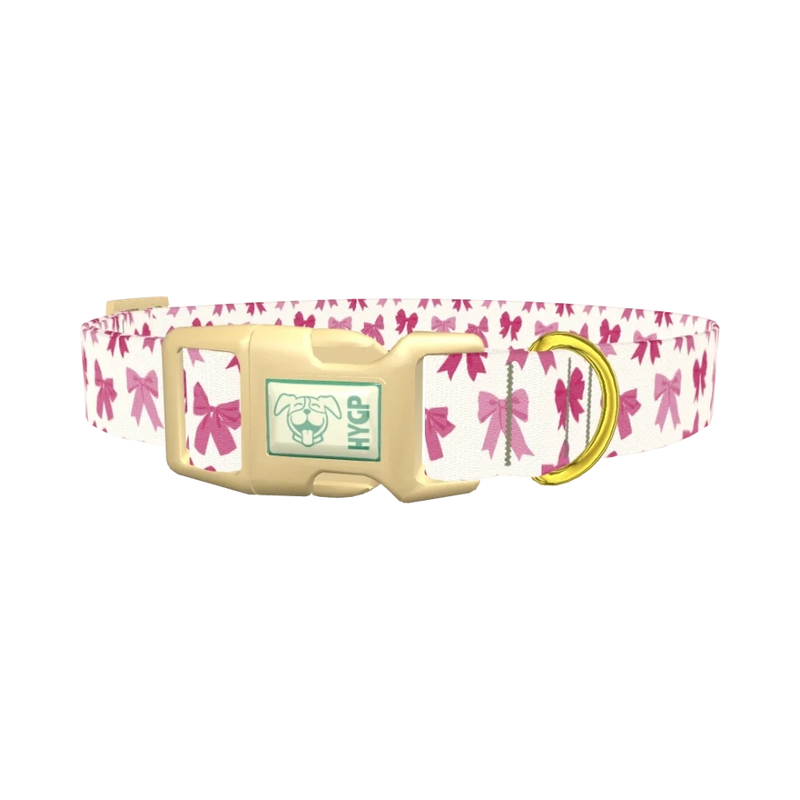 Pink Ribbon Bow Dog Collar - plastic gold