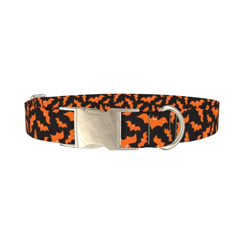 Orange Halloween Bat Pattern Dog Collar - metal silver
