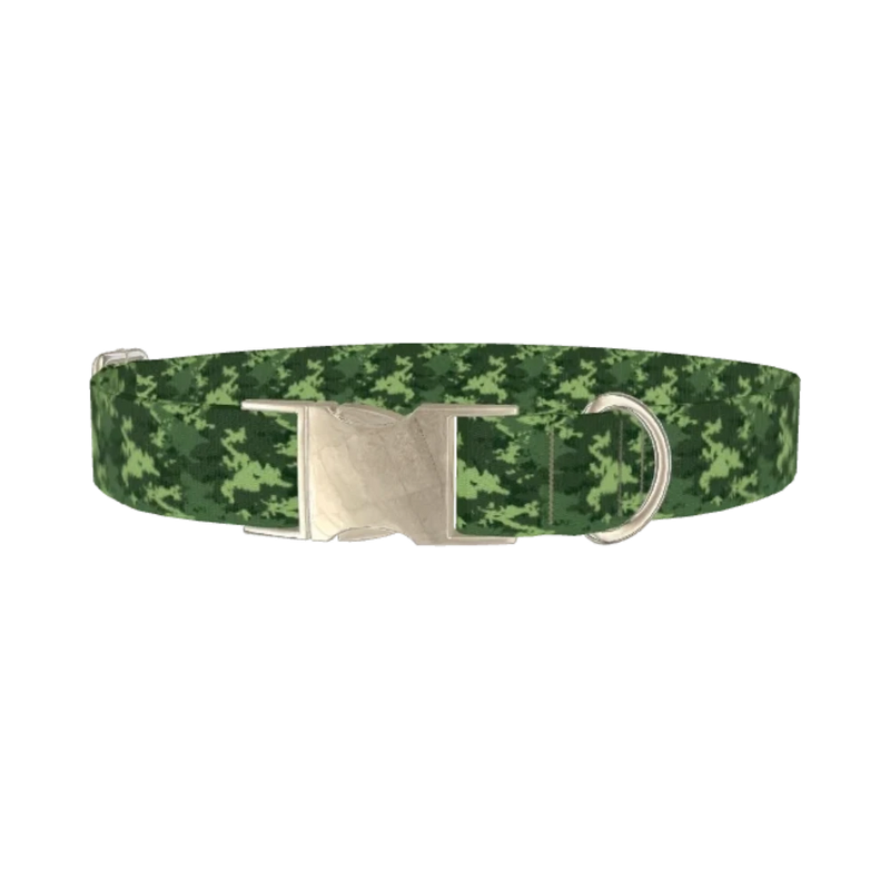 Green Forest Camo Dog Collar - metal silver