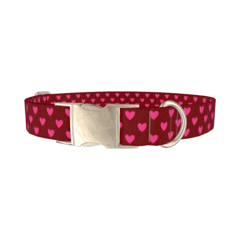 Cherry Pink Heart Dog Collar - metal silver