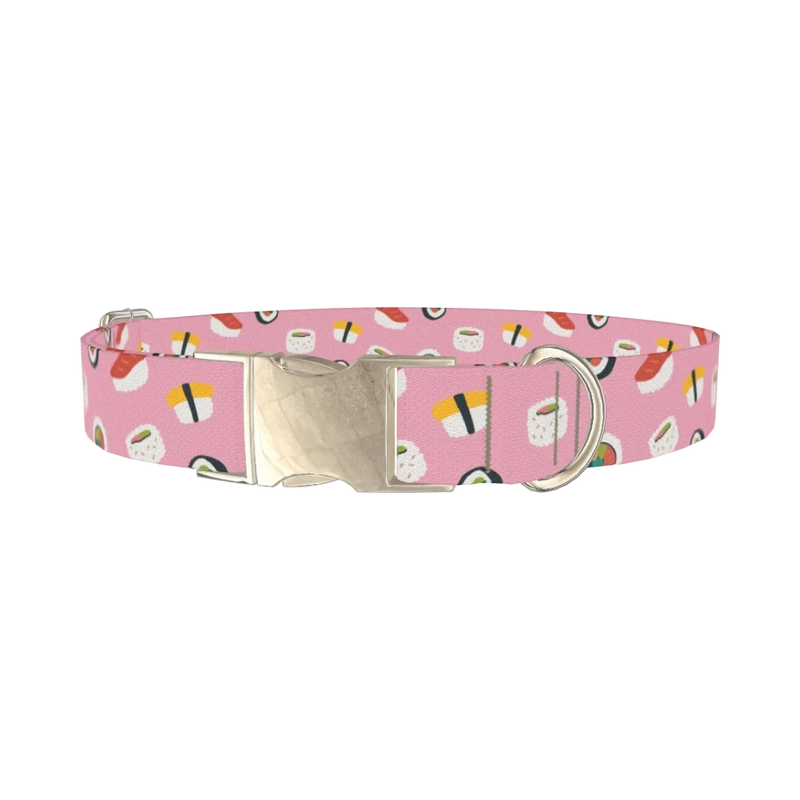 Pink Sushi Pattern Dog Collar - metal silver
