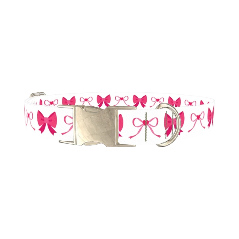 Pink Heart Bow Dog Collar - metal silver