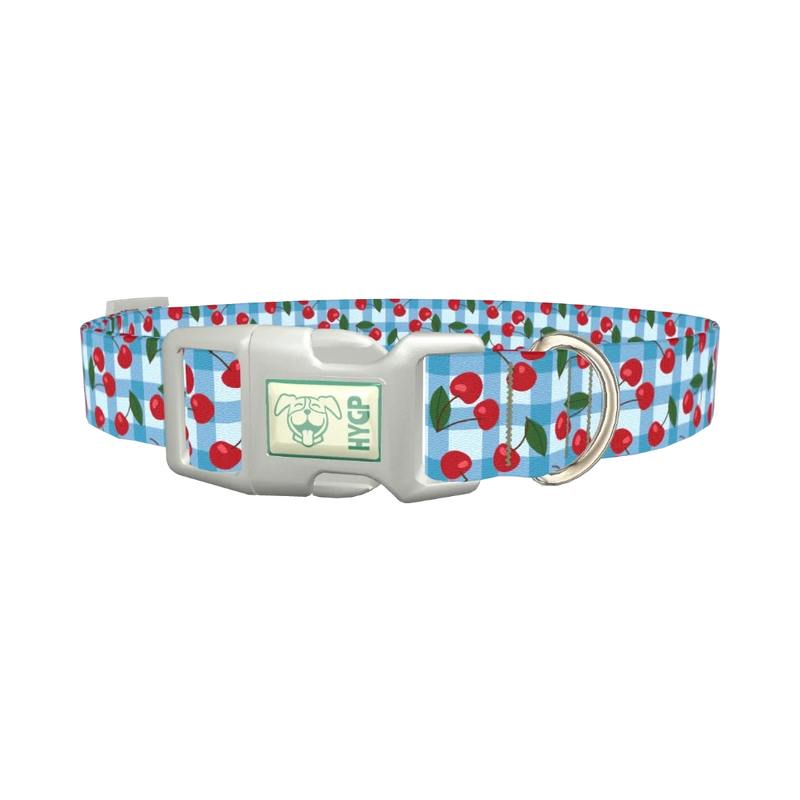 Gingham Cherry Dog Collar - plastic silver