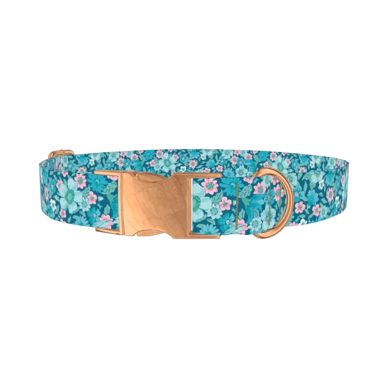 Floral Blue Dog Collar - metal rose gold