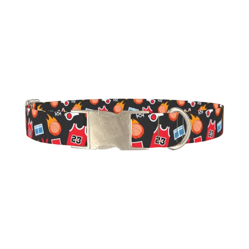 Flaming Basketball Dog Collar - metal silver