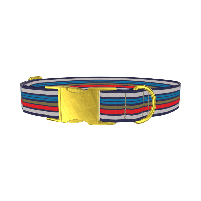 Blue Grey Red Striped Dog Collar - metal gold