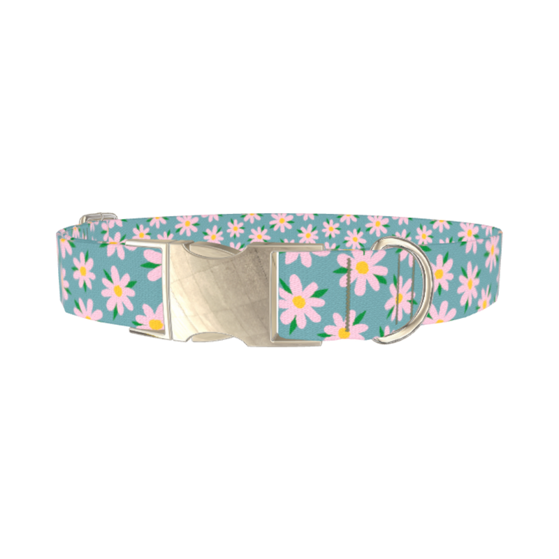 Floral Pink Camomile Dog Collar - metal silver