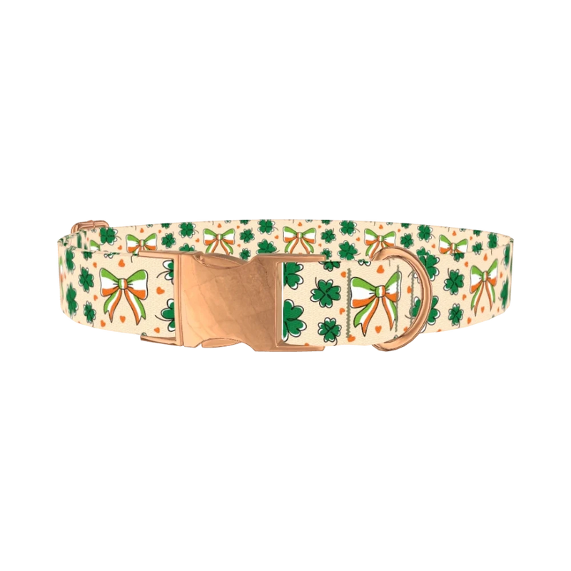 St. Patrick's Clover Bow Dog Collar - metal rose gold