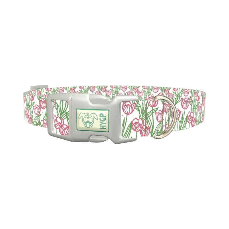 Pink Tulip Sketch Dog Collar - plastic silver