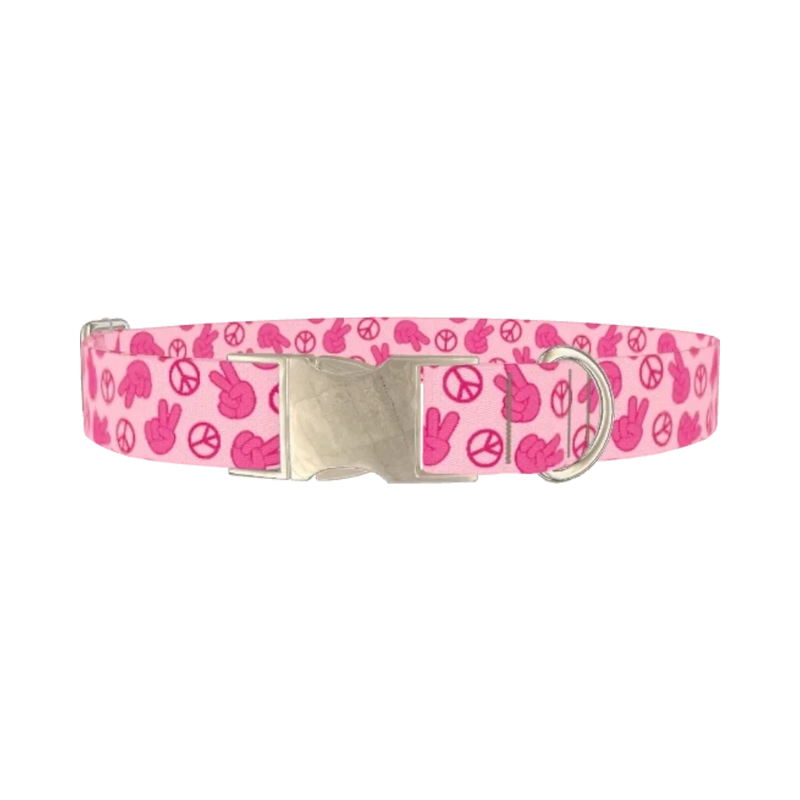 Pink Peace Sign Dog Collar - metal silver