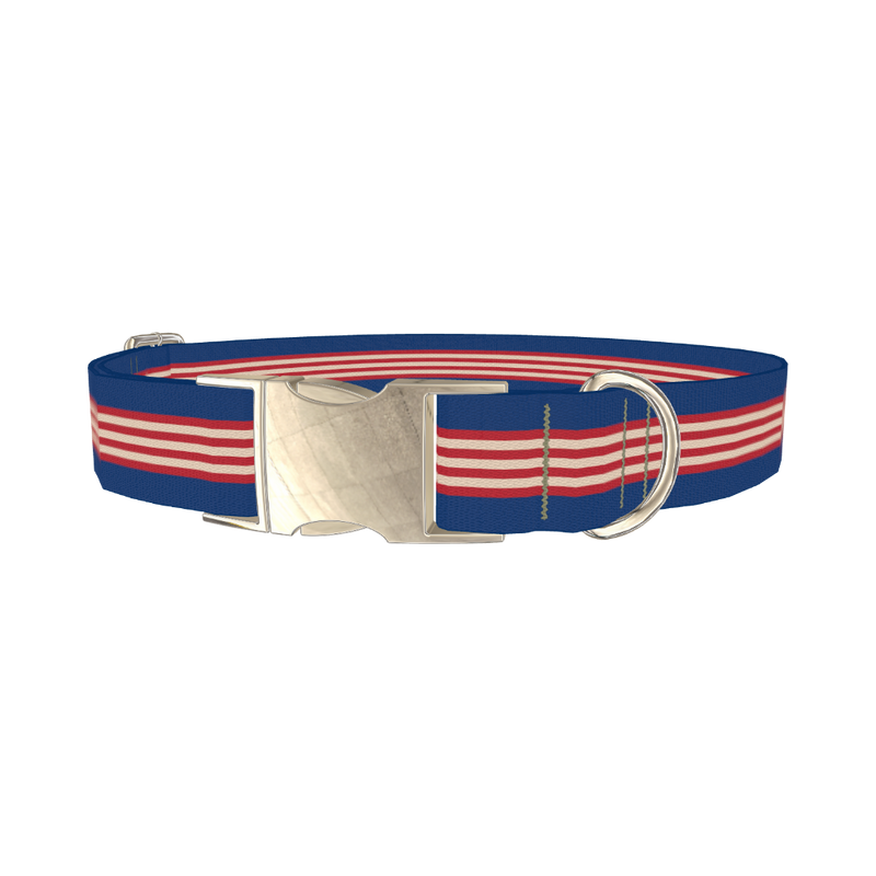 Navy Red Stripe Dog Collar - metal silver