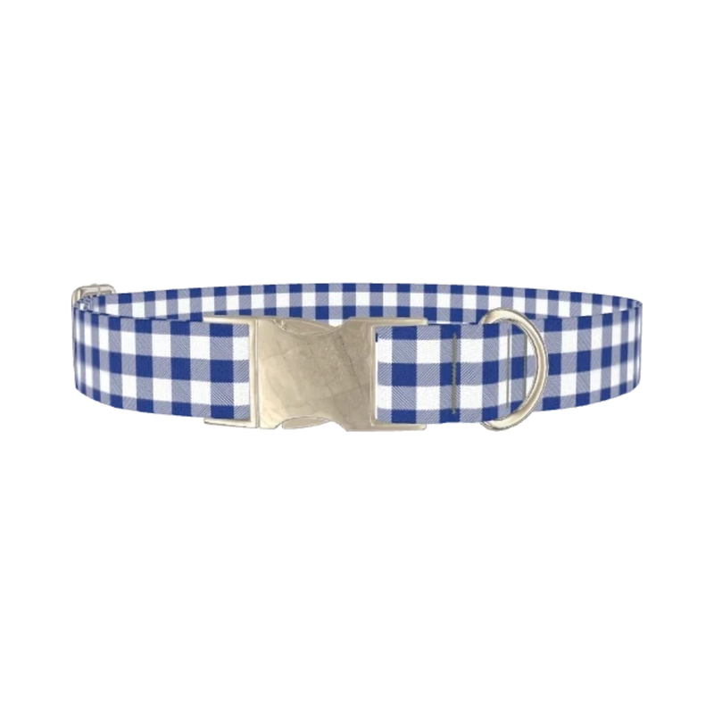 Blue White Plaid Dog Collar - metal silver