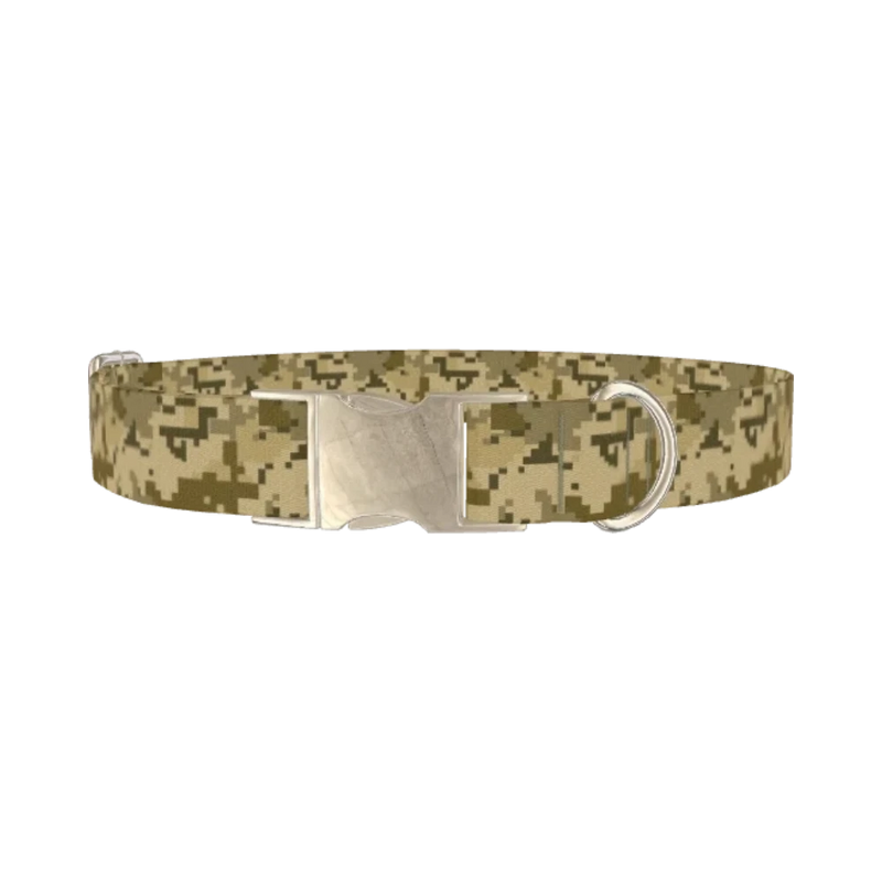 Khaki Pixel Camo Dog Collar - metal silver
