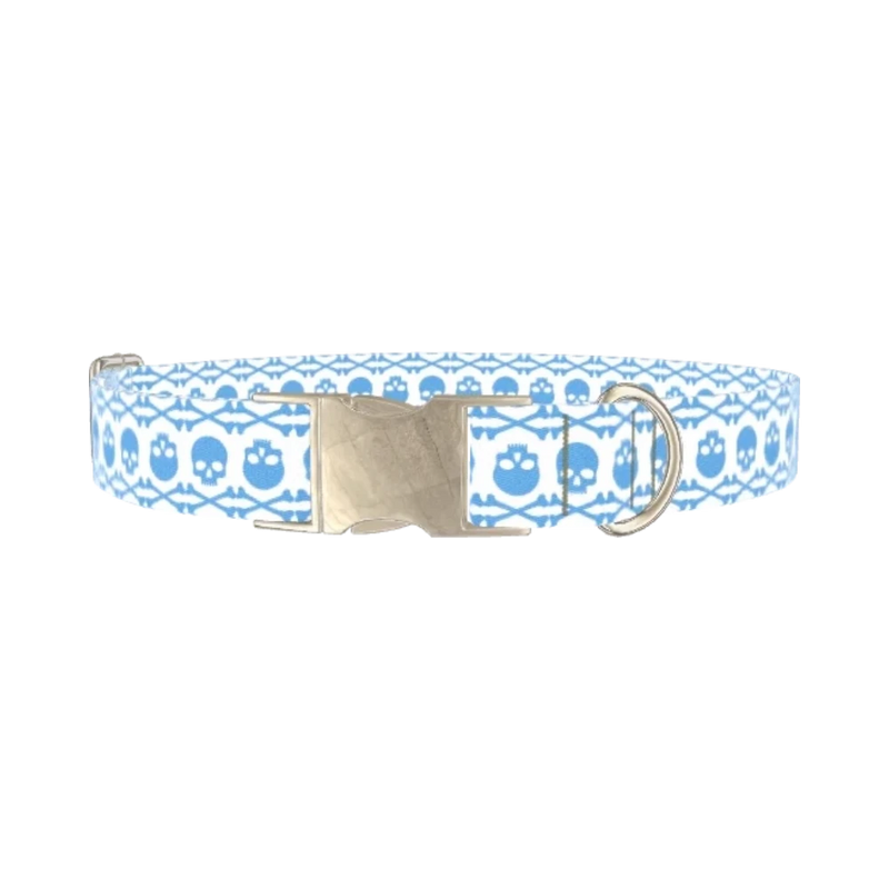 Cyan Skull Pattern Dog Collar - metal silver