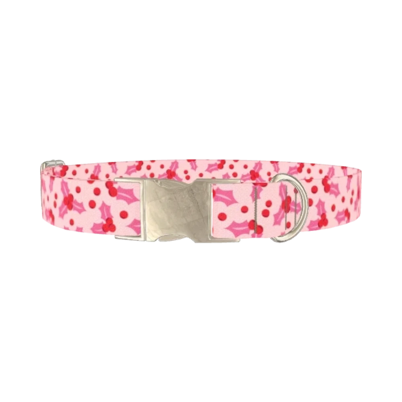 Pink Holly Berry Dog Collar - metal silver