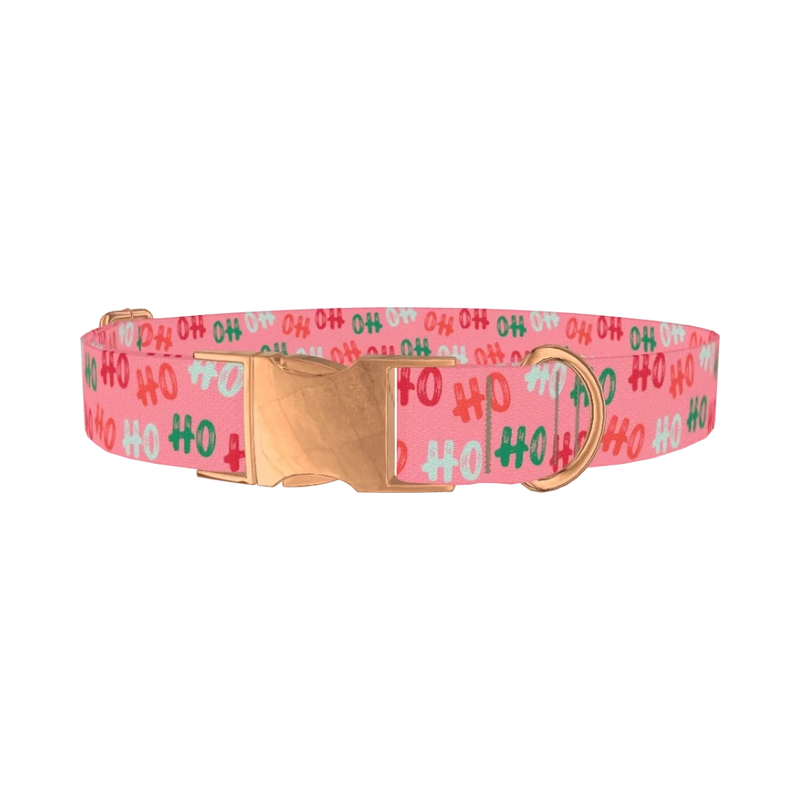 Christmas Ho Ho Pink Dog Collar - metal rose gold