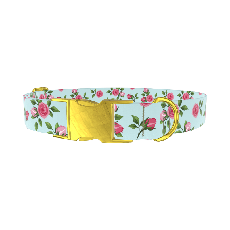 Pink Rose Blossom Dog Collar - metal gold