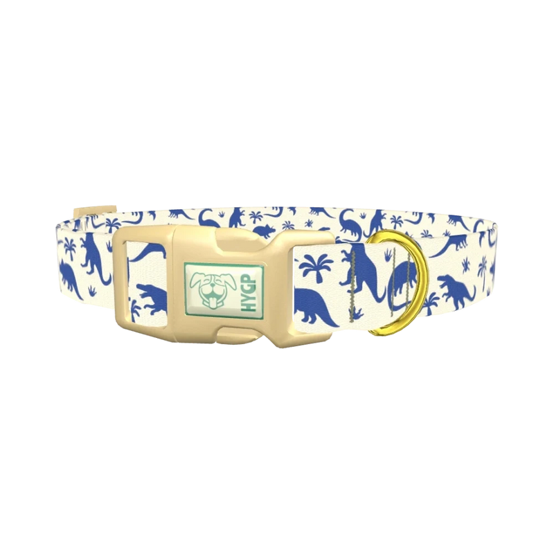 Blue Dinosaur Jungle Dog Collar - plastic gold