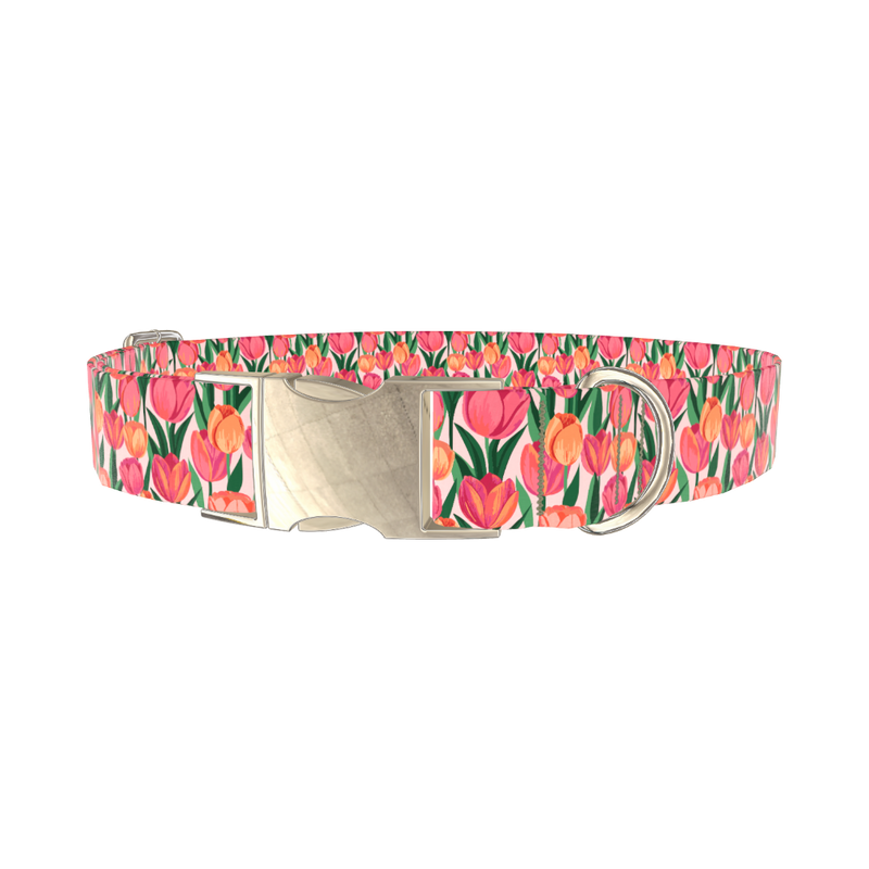Pink Tulip Dog Collar - metal silver