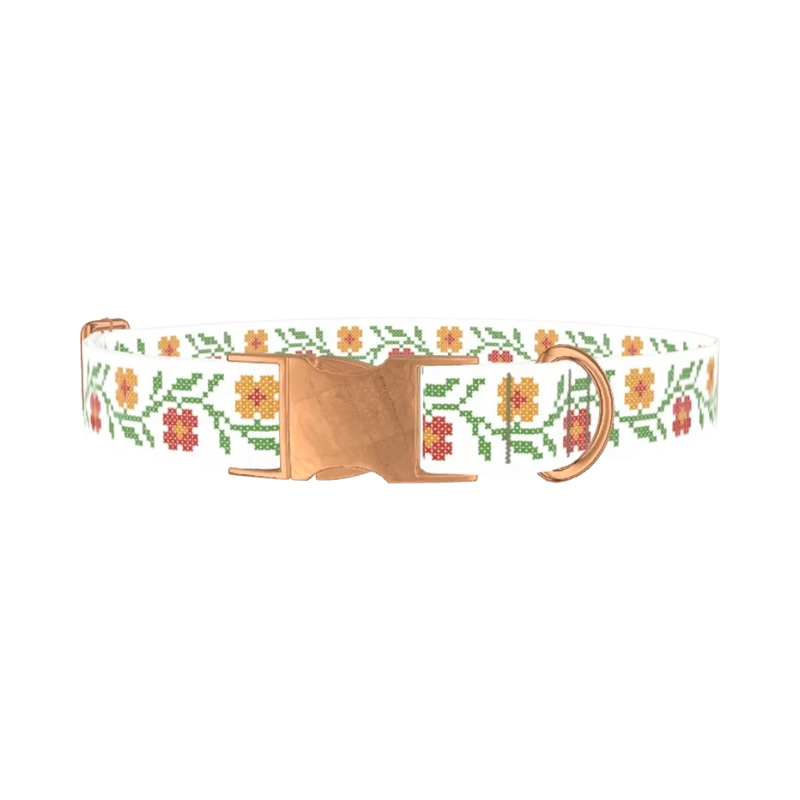 Cross Stitch Flower Dog Collar - metal rose gold
