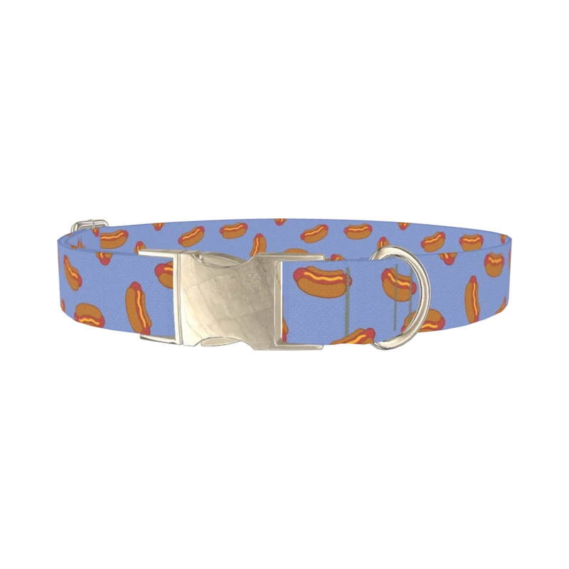 Blue Hotdog Print Dog Collar - metal silver