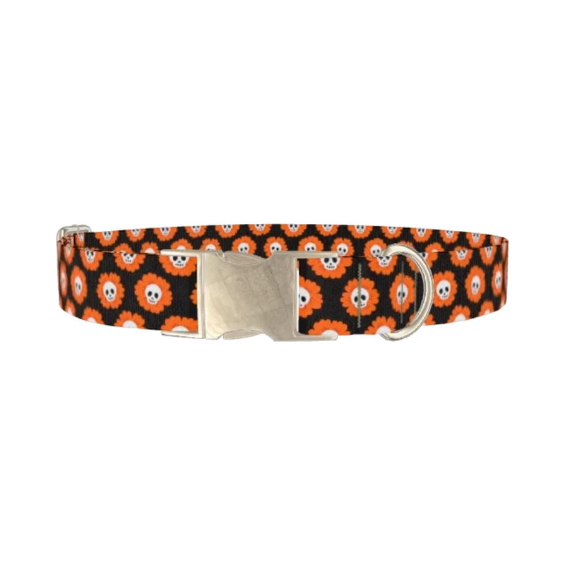 Halloween Skull Flower Dog Collar - metal silver