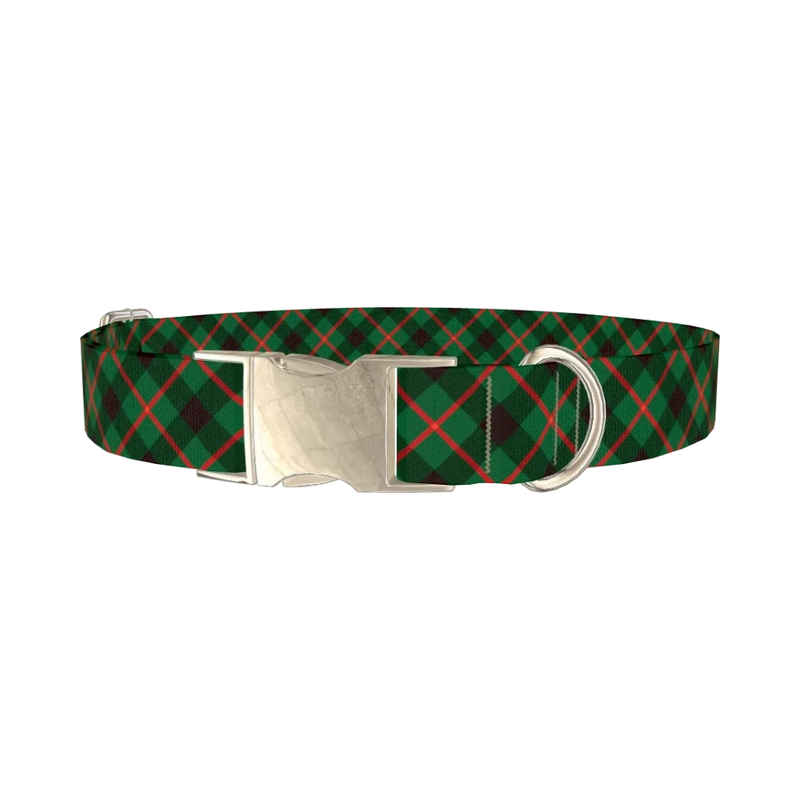 Dark Green Christmas Plaid Dog Collar - metal silver