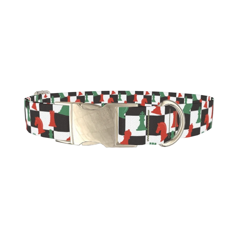 Checkered Chess Piece Dog Collar - metal silver