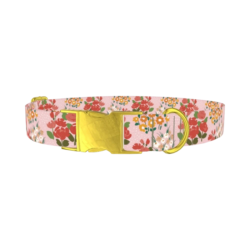 Pink Floral Bouquet Dog Collar - metal gold