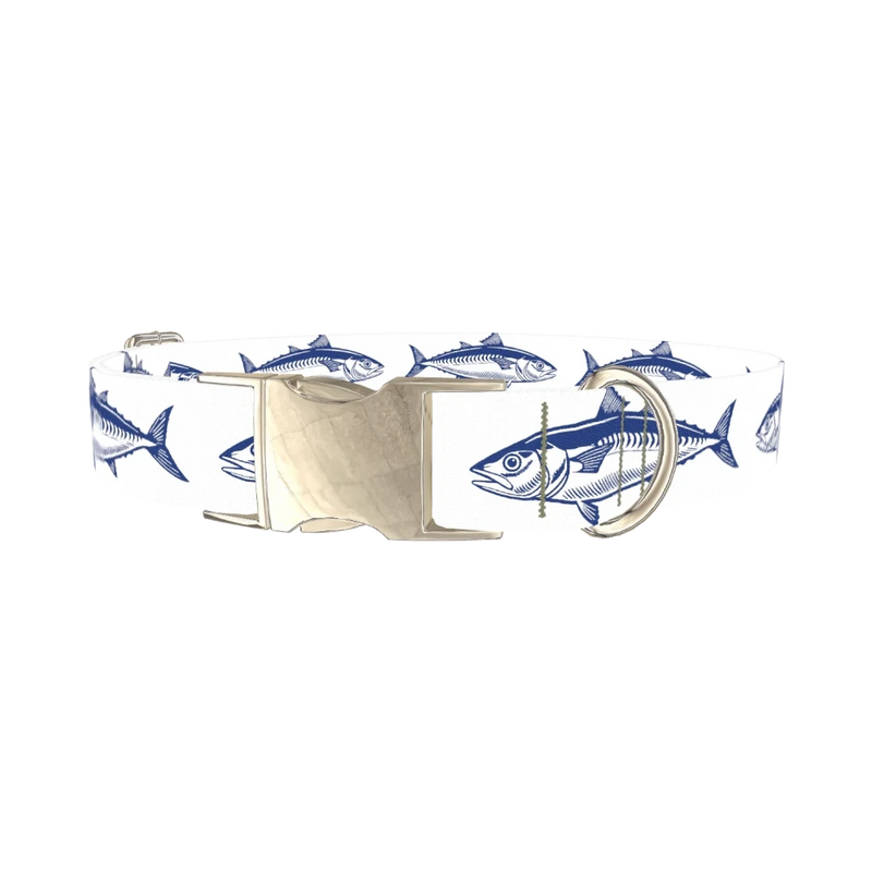 Dark Blue Fish Pattern Dog Collar - metal silver