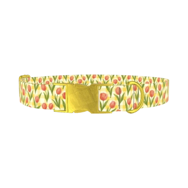 Floral Tulip Plaid Dog Collar - metal gold