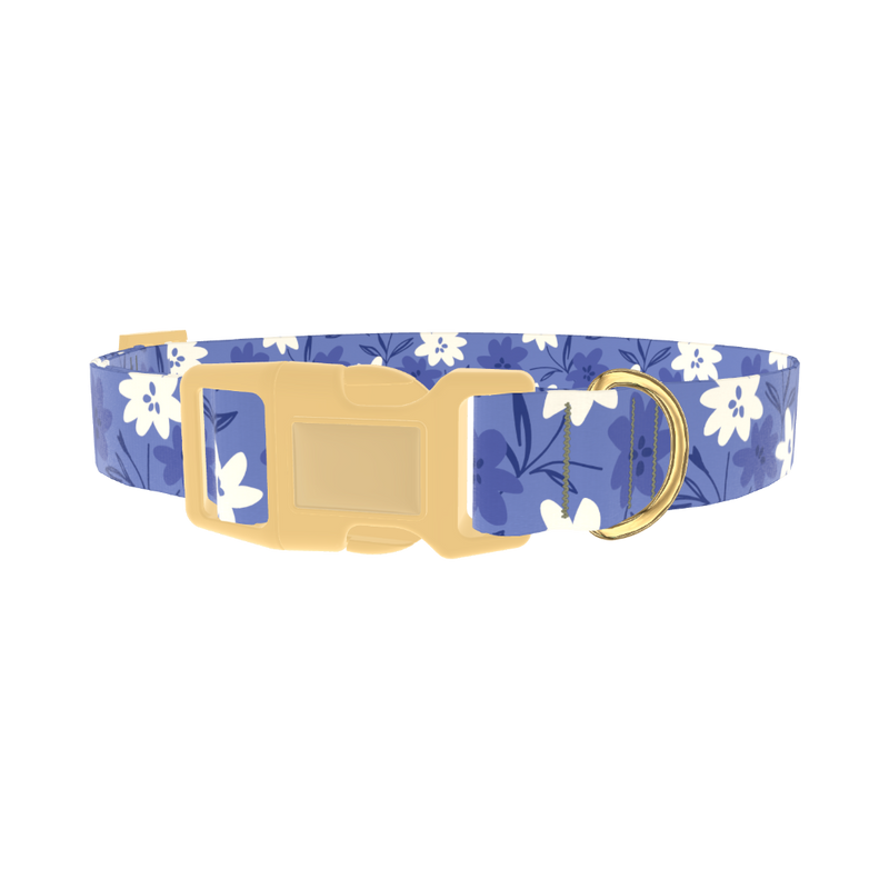 Blue Floral Pattern Dog Collar - plastic gold