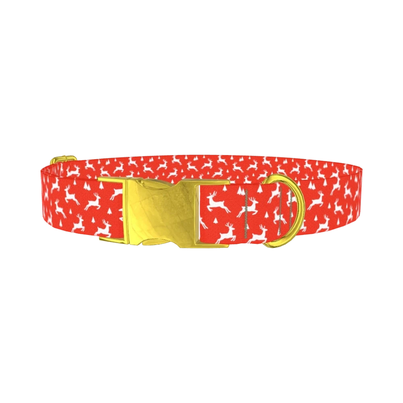 Red Christmas Reindeer Dog Collar - metal gold