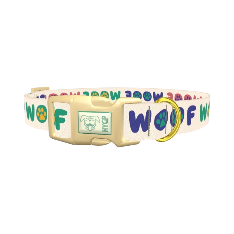 Woof Paw Print Dog Collar - plastic gold