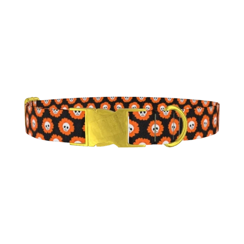 Halloween Skull Flower Dog Collar - metal gold