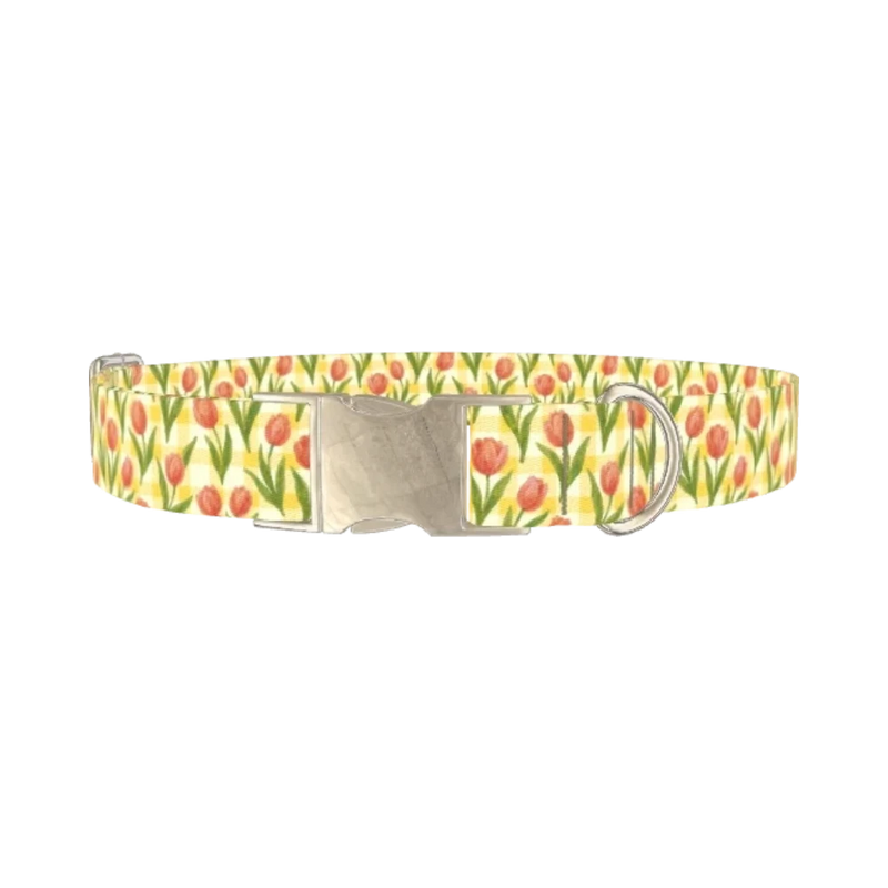 Floral Tulip Plaid Dog Collar - metal silver