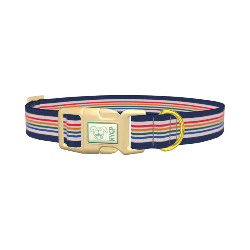 Dark Blue Rainbow Stripe Dog Collar - plastic gold