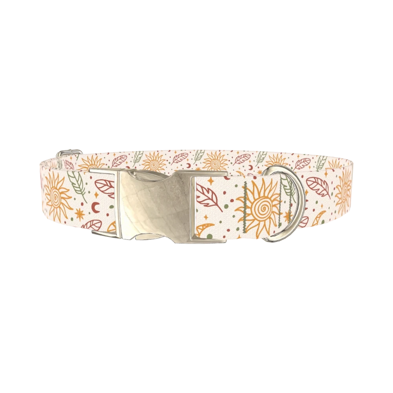 Bohemian Sun and Feather Dog Collar - metal silver