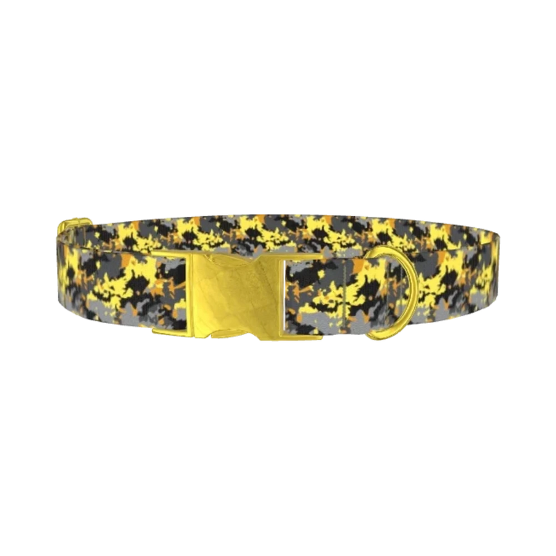 Yellow Grey Camouflage Dog Collar - metal gold