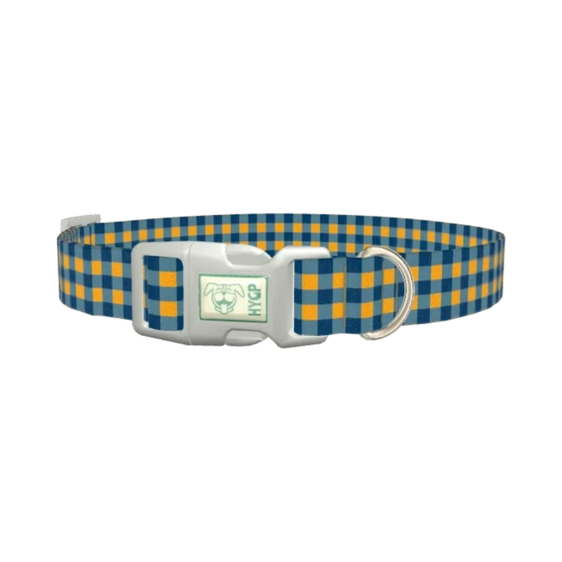 Yellow Blue Checkered Dog Collar - plastic silver