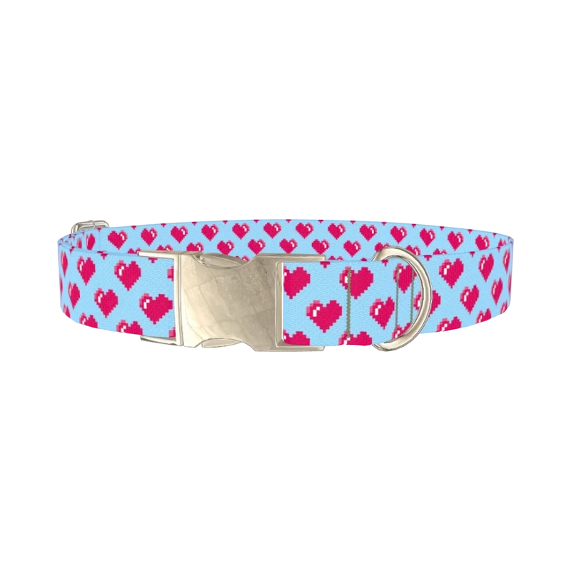 Pixel Heart Blue Dog Collar - metal silver