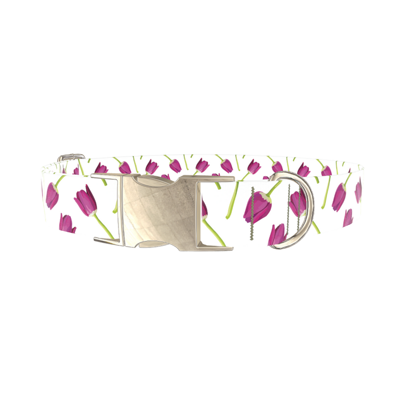 Purple Tulip Floral Dog Collar - metal silver