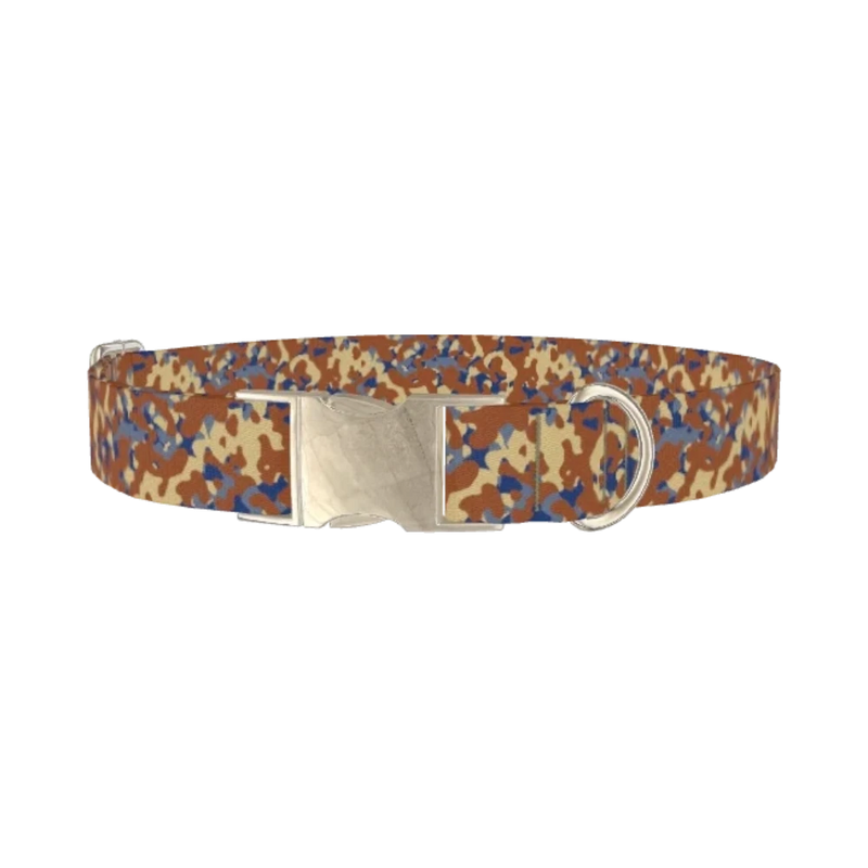 Brown Blue Camo Dog Collar - metal silver