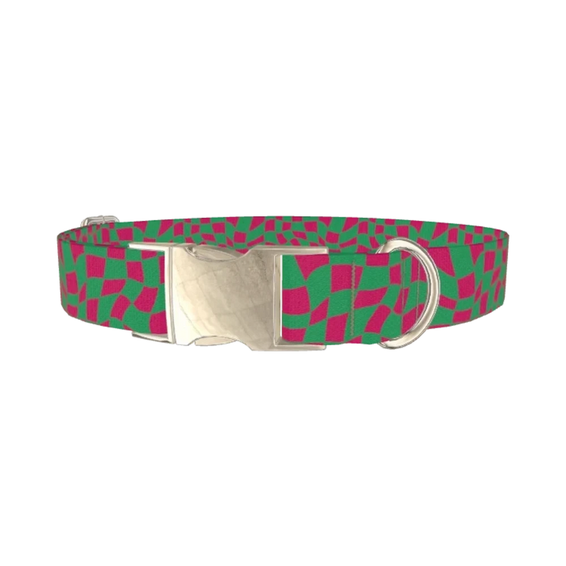 Wavy Check Dog Collar - metal silver