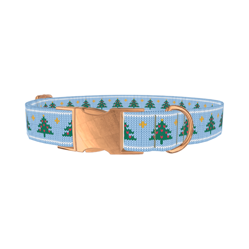 Blue Knitted Christmas Tree Dog Collar - metal rose gold