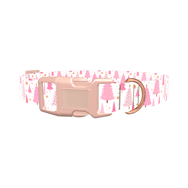 Pink Festive Trees Dog Collar - plastic silver